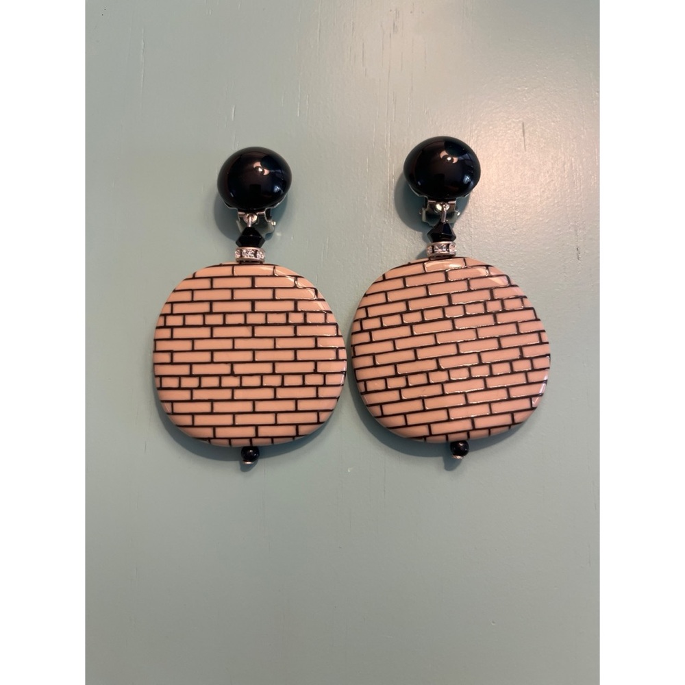 Angela Caputi Vintage Dangle Resin Brick Pattern Clip Earrings